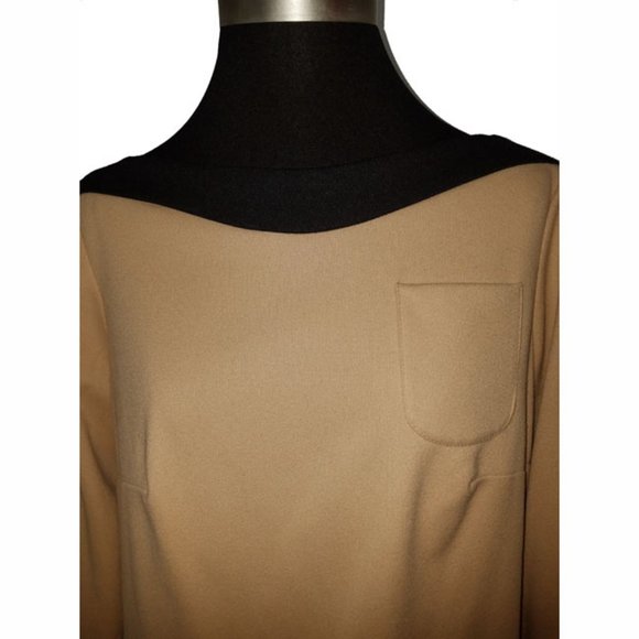 Vtg 70s Tan Black Trim Shift Dress M - Picture 3 of 7